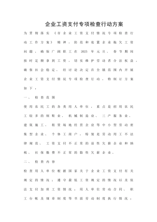 企业工资支付专项检查行动方案精品策划方案