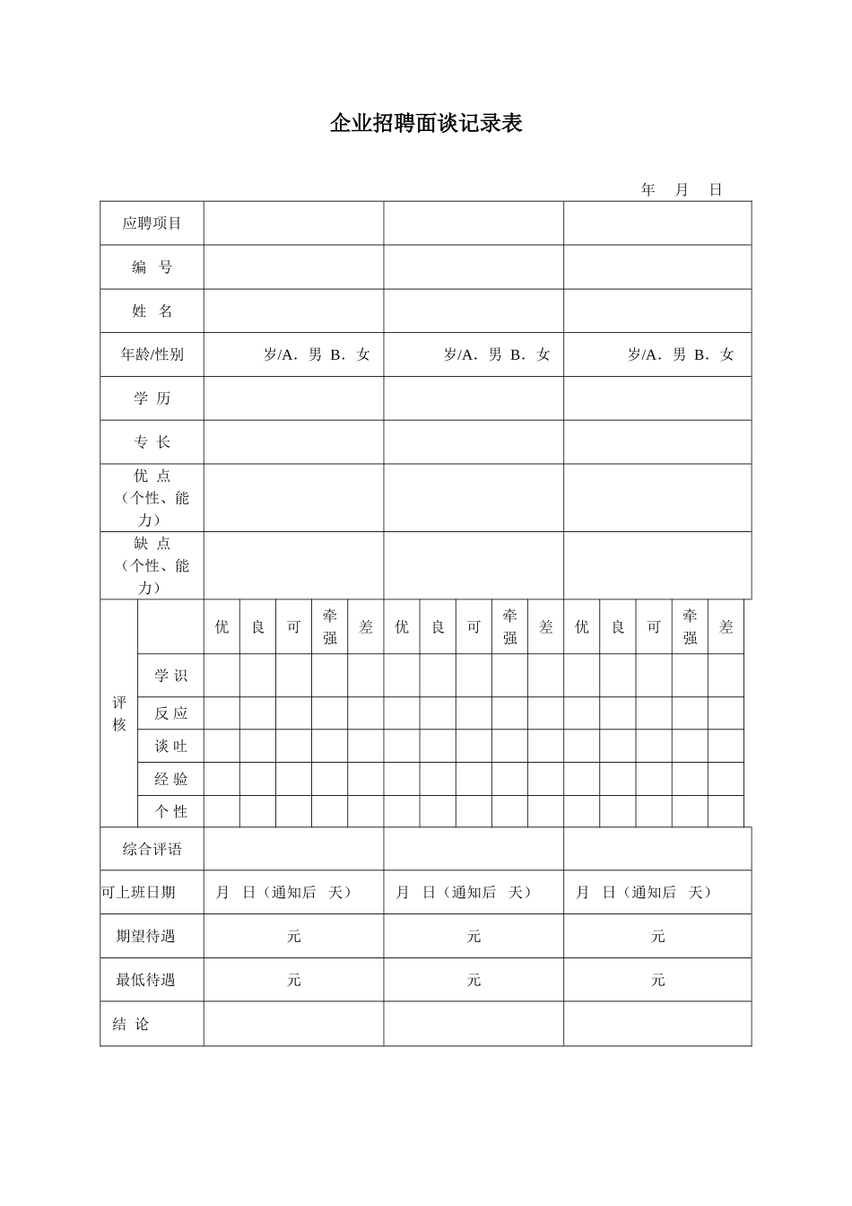 企业招聘面谈记录表格_第1页