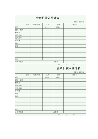 会所日收入统计表