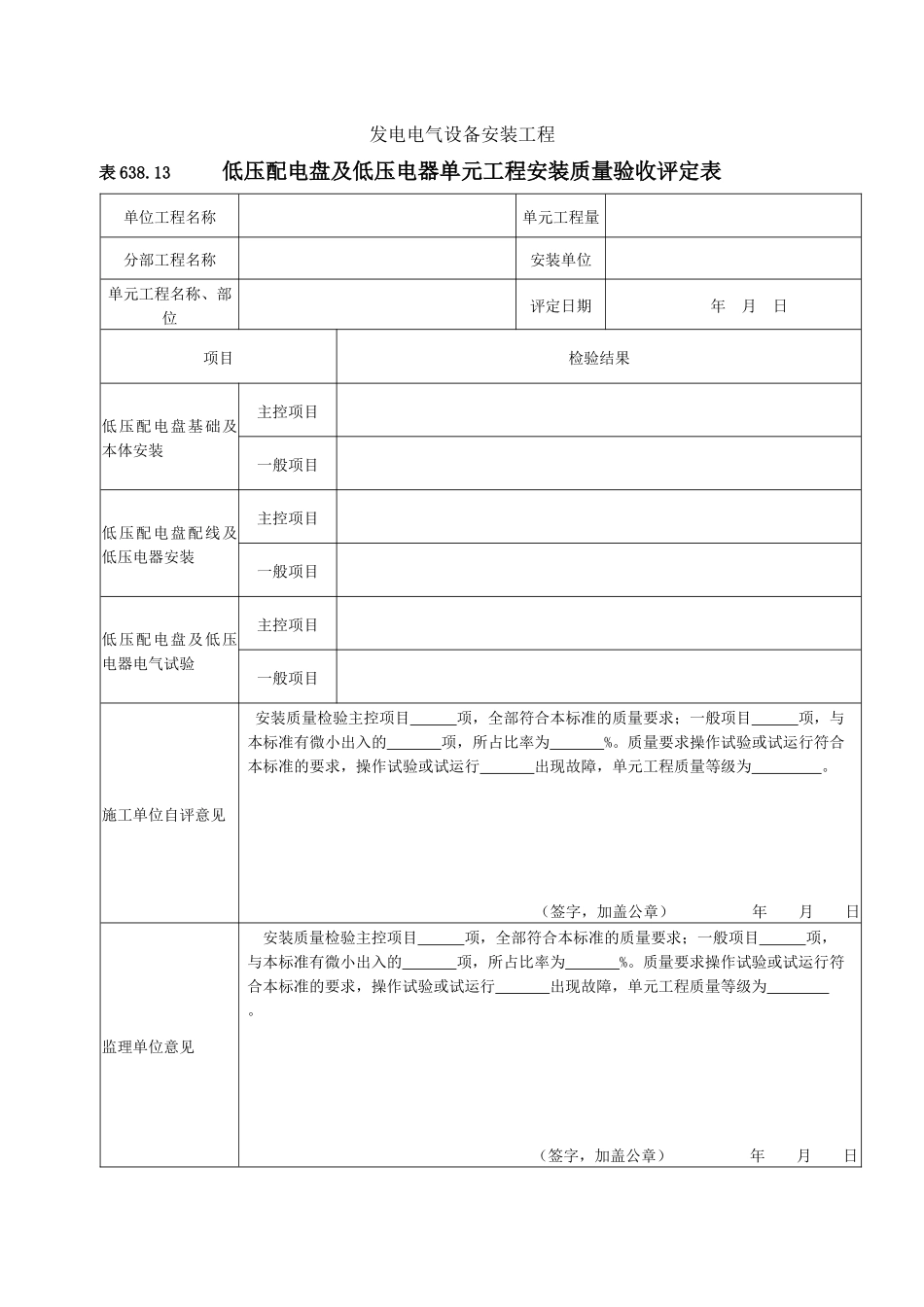 低压配电盘及低压电器安装单元工程安装质量验收评定表_第1页