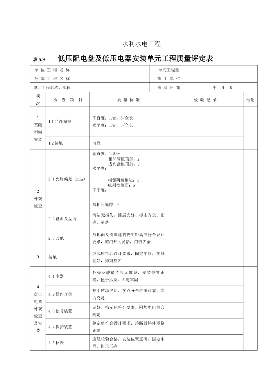 低压配电盘及低压电器安装单元工程质量评定表_第1页