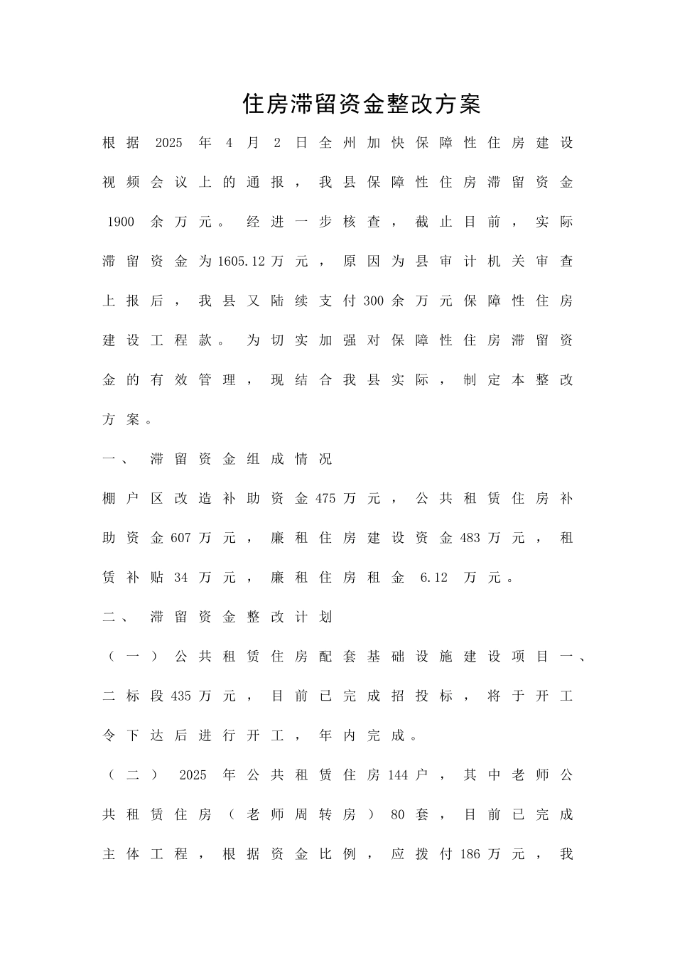 住房滞留资金整改方案精品策划方案_第1页