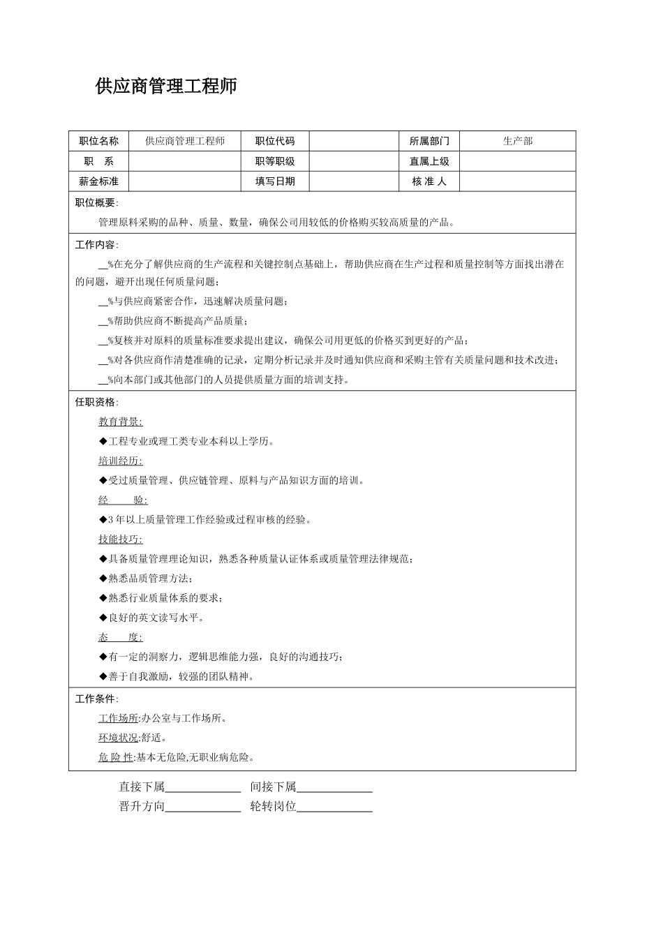 供应商管理工程师职务说明书_第1页