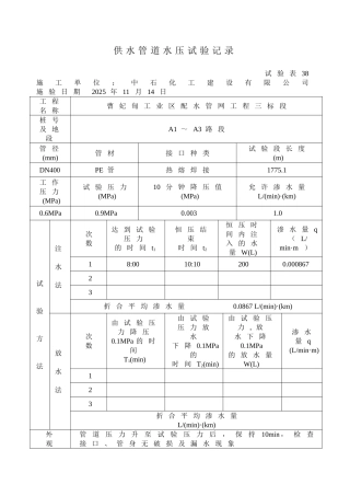 供水管道水压试验记录