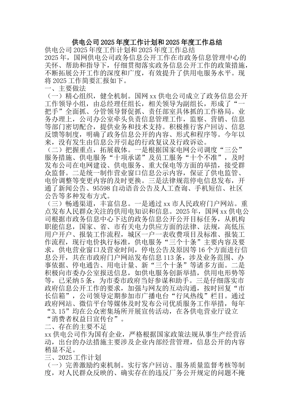 供电公司2025年度工作计划和2025年度工作总结_第1页