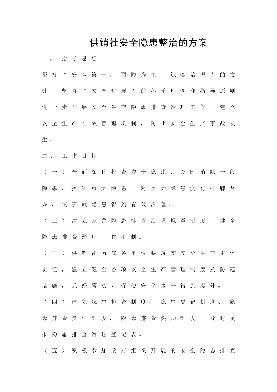 供销社安全隐患整治的方案精品策划方案_第1页
