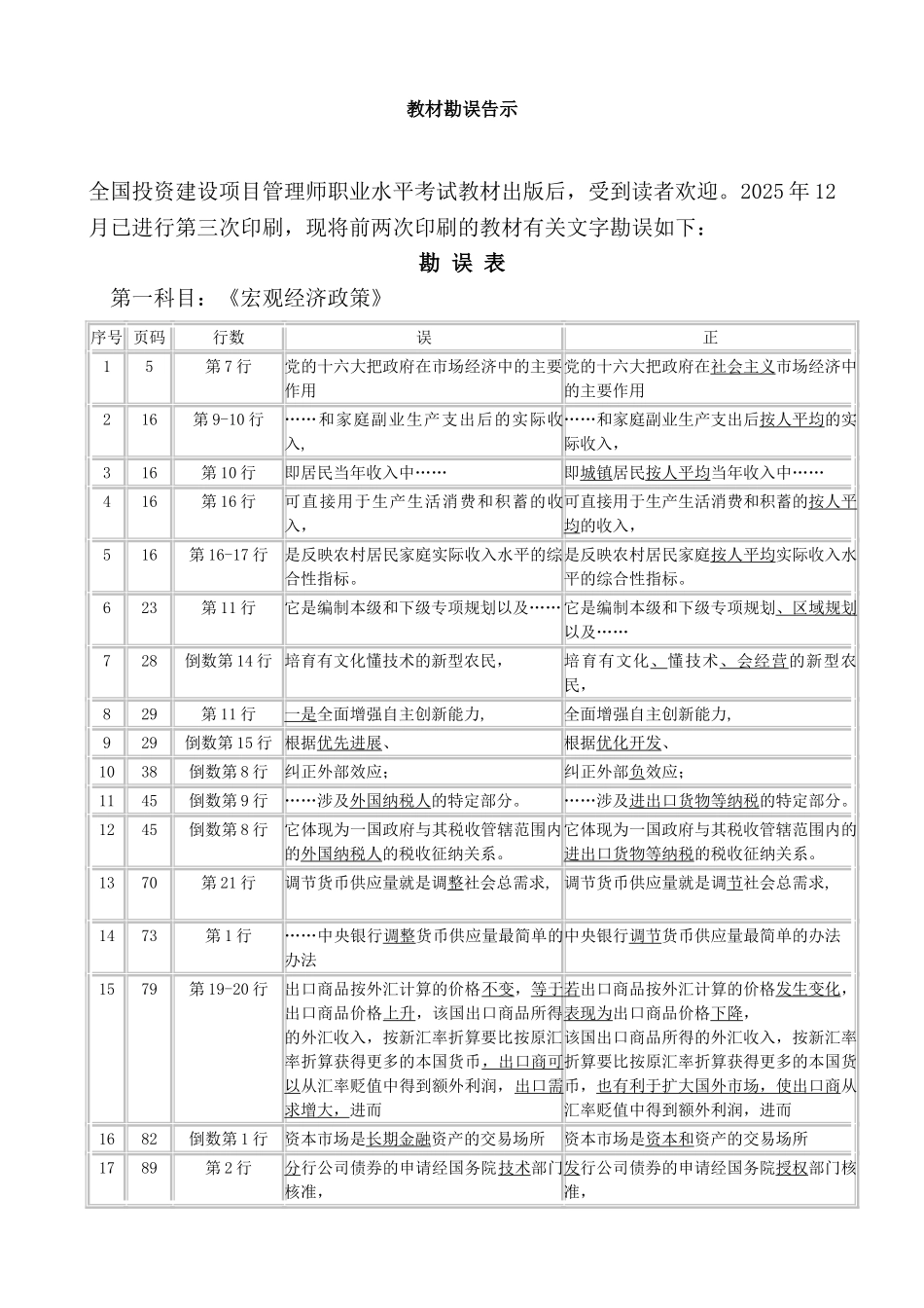 全国投资建设项目管理师考试教材勘误表_第1页