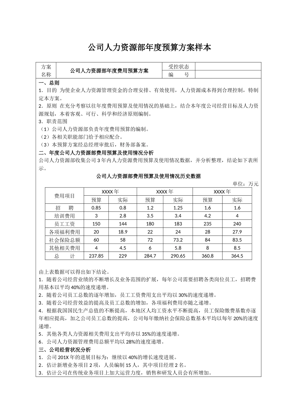 公司人力资源部年度预算方案样本_第1页