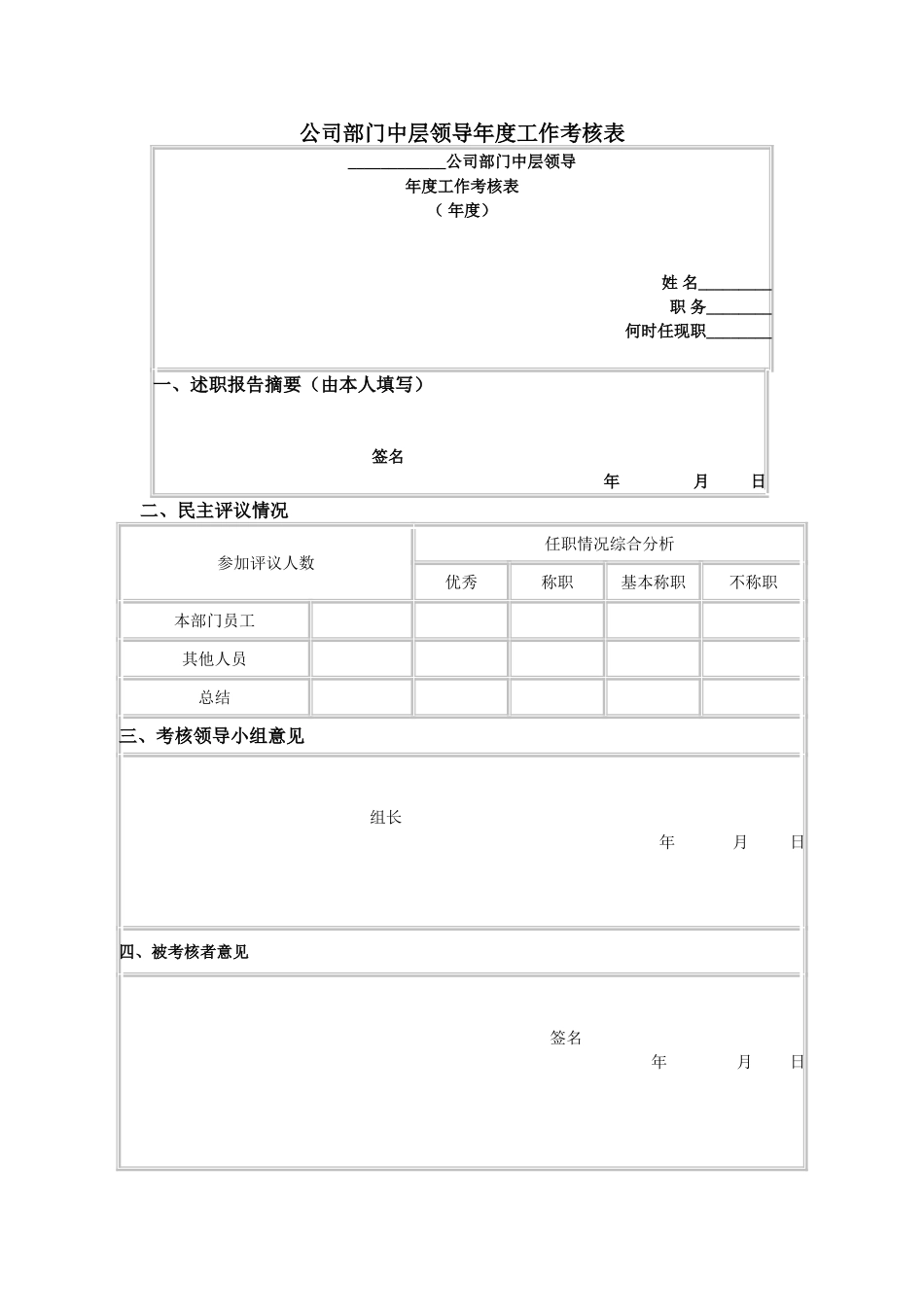 公司部门中层领导年度工作考核表_第1页