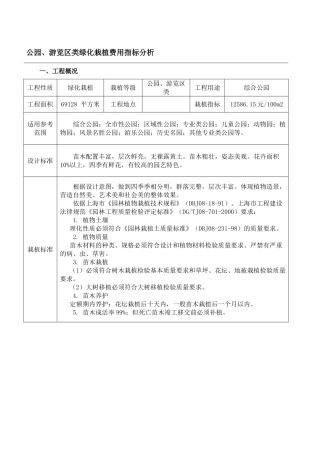 公园游览区类绿化栽植费用指标