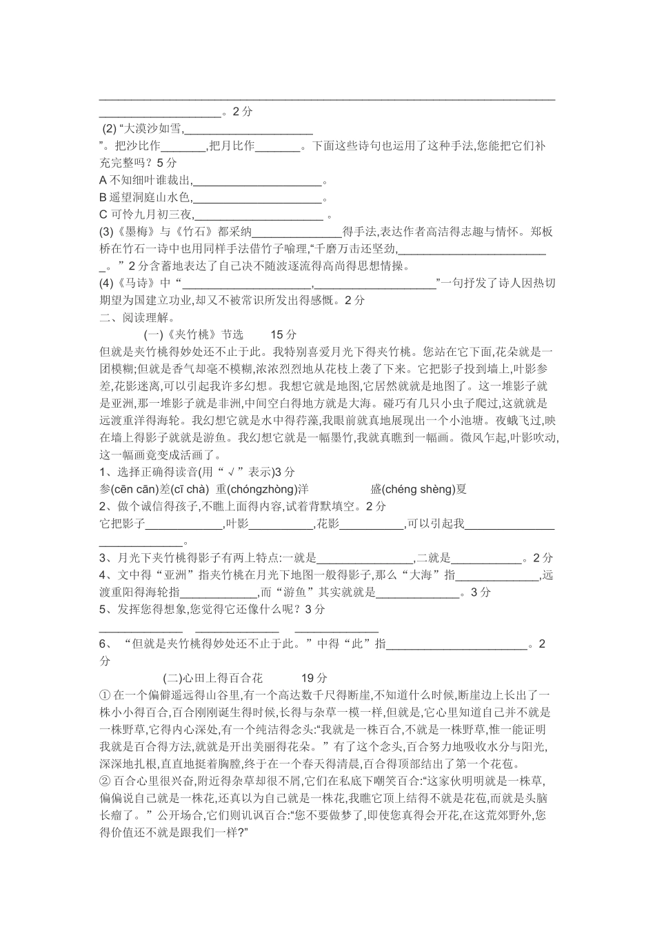 六年级下册语文第六单元测试卷_第2页