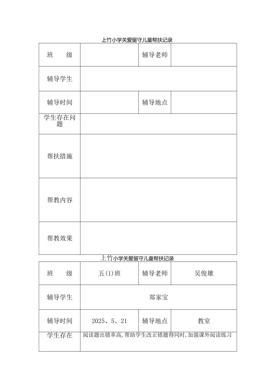 关爱留守儿童帮扶记录表_第1页