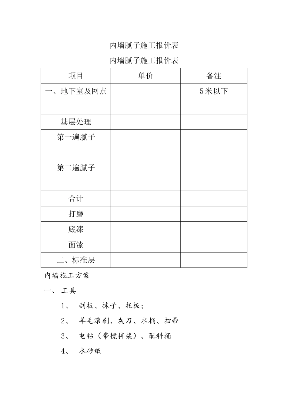 内墙腻子施工报价表_第1页