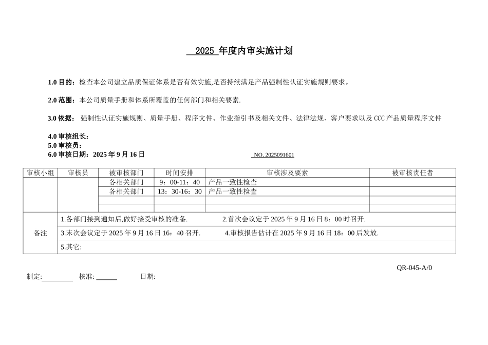 内审计划检查记录及内审报告不使用_第1页