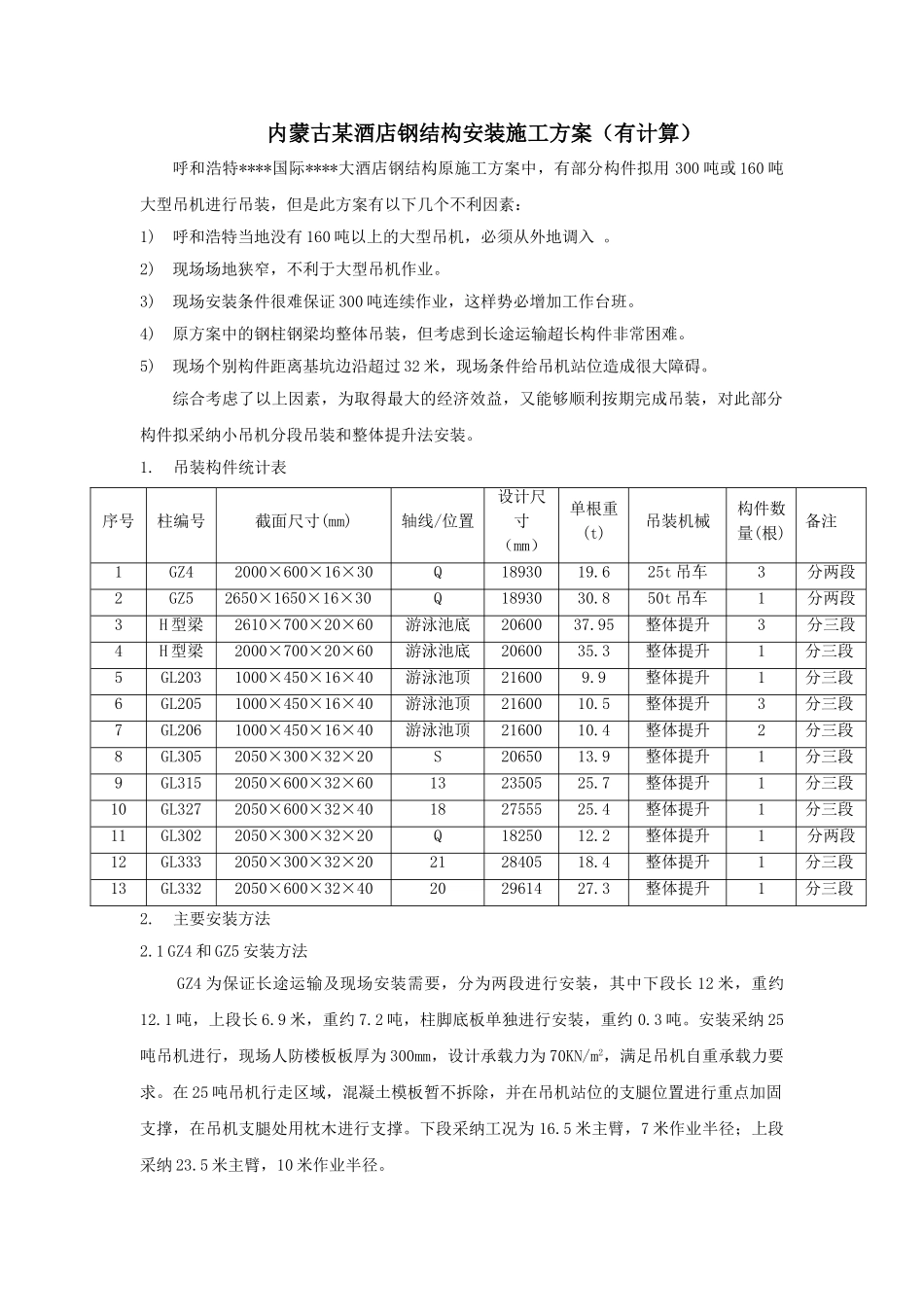 内蒙古某酒店钢结构安装施工方案_第1页