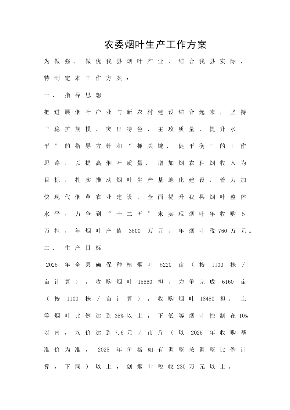 农委烟叶生产工作方案精品策划方案_第1页