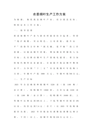 农委烟叶生产工作方案精品策划方案
