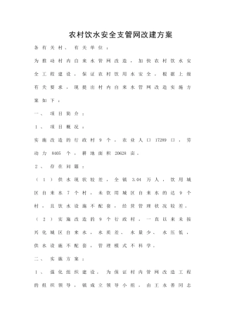 农村饮水安全支管网改建方案精品策划方案