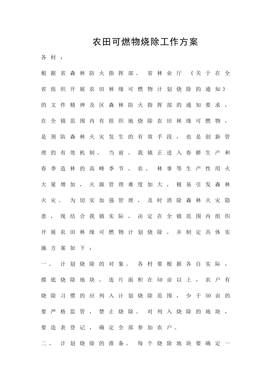 农田可燃物烧除工作方案精品策划方案_第1页