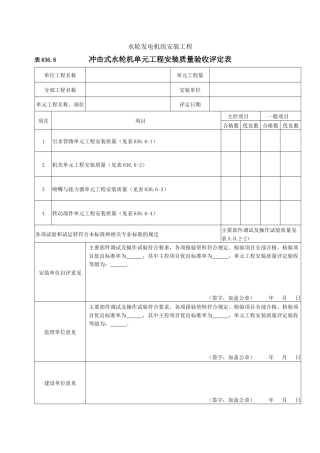 冲击式水轮机单元工程安装质量验收评定表