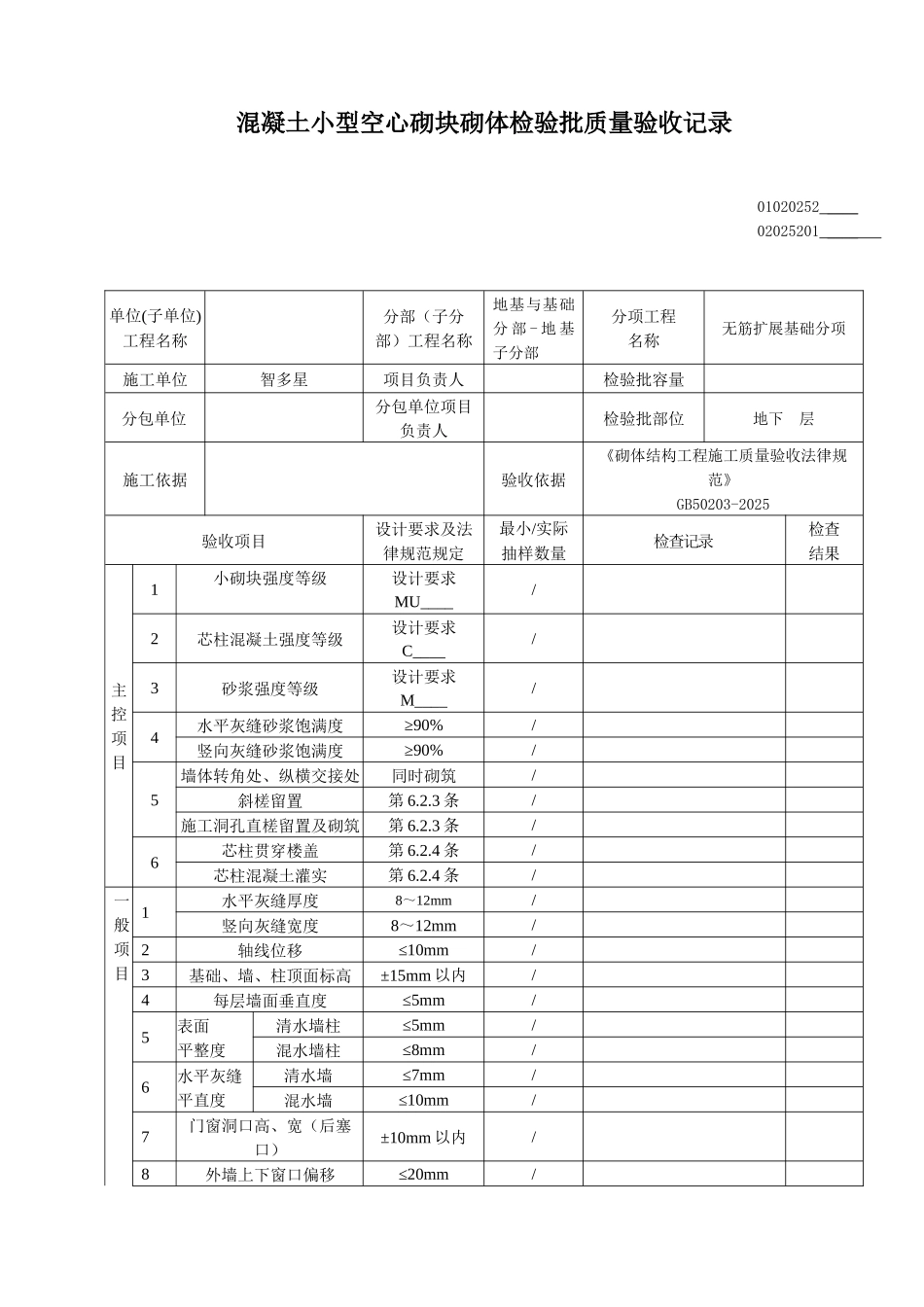 凝土小型空心砌块砌体检验批质量验收记录_第1页