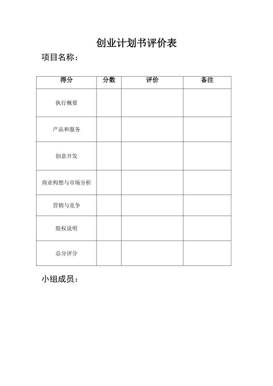 创业计划书评价表_第1页