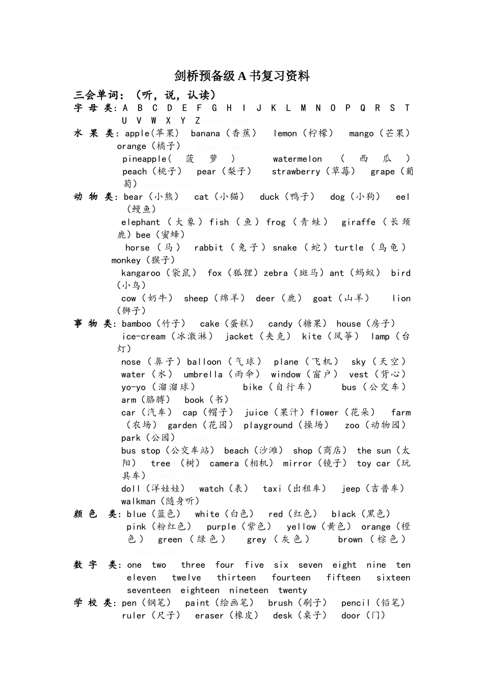剑桥少儿英语预备级A书复习_第1页