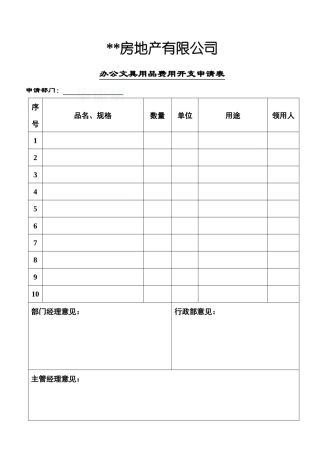 办公用品费用开支申请表