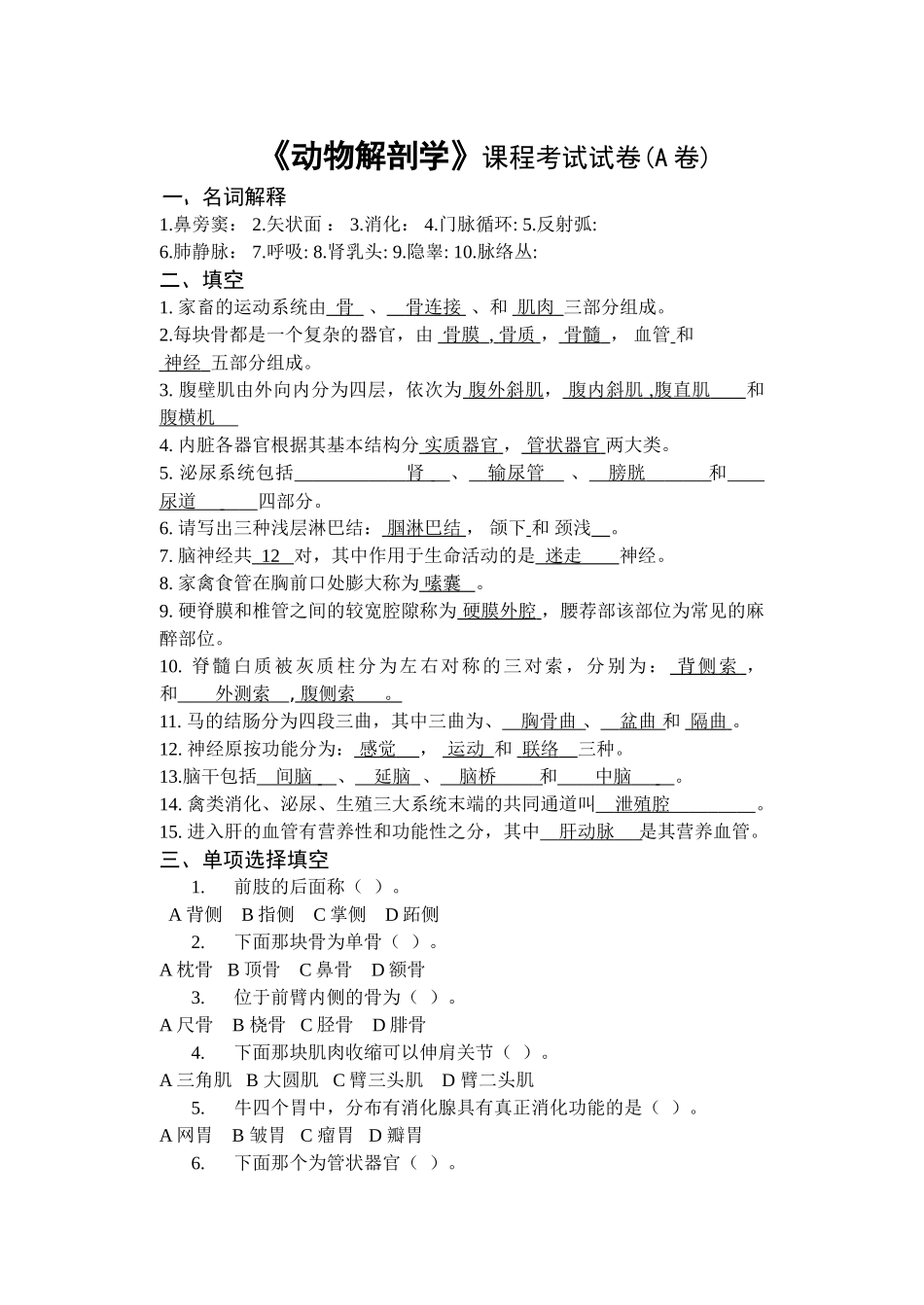 动物解剖与组织胚胎学试题_第1页