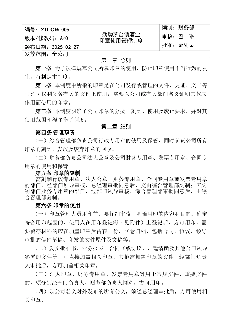 劲牌茅台镇酒业印章使用管理制度_第1页