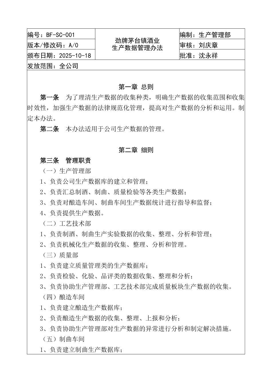 劲牌茅台镇酒业生产数据管理办法_第1页