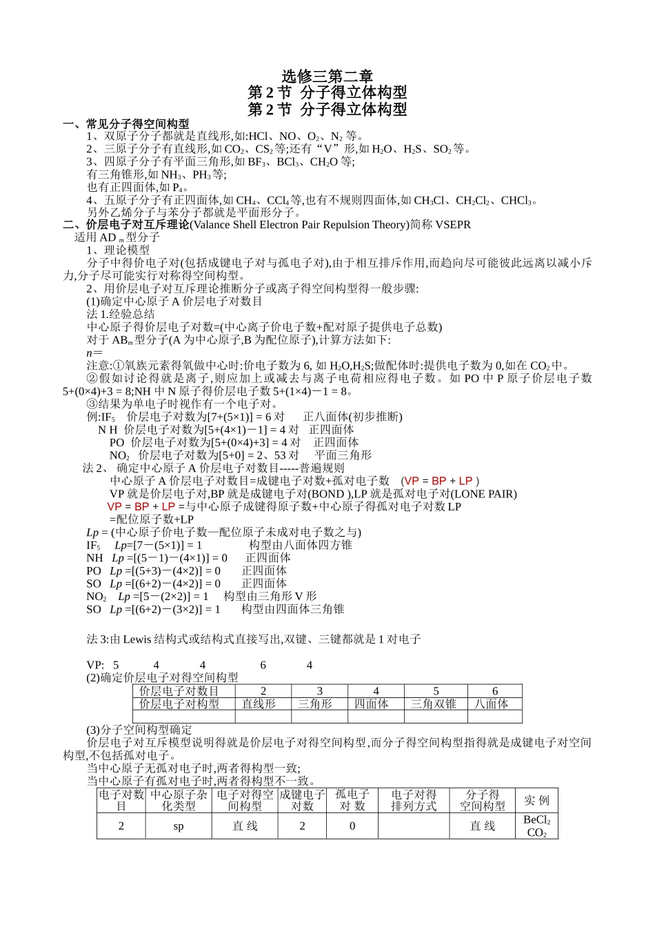 化学选修三第二章第二节分子得立体构型_第1页