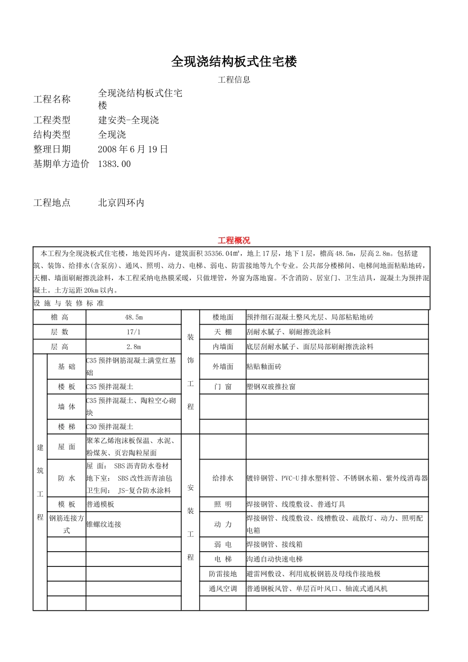 北京某全现浇结构板式住宅楼造价指标分析_第1页