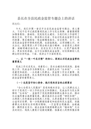 县长在全县民政资金监管专题会上的讲话