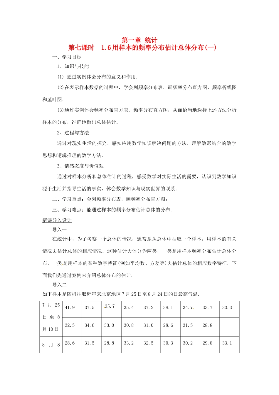 高中数学 1.6用样本的频率分布估计总体分布(一)导学案 北师大版必修3_第1页
