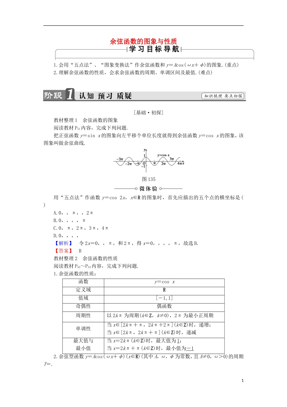 高中数学 1.3.2.1 余弦函数的图象与性质学案 新人教B版必修4-新人教B版高中必修4数学学案_第1页