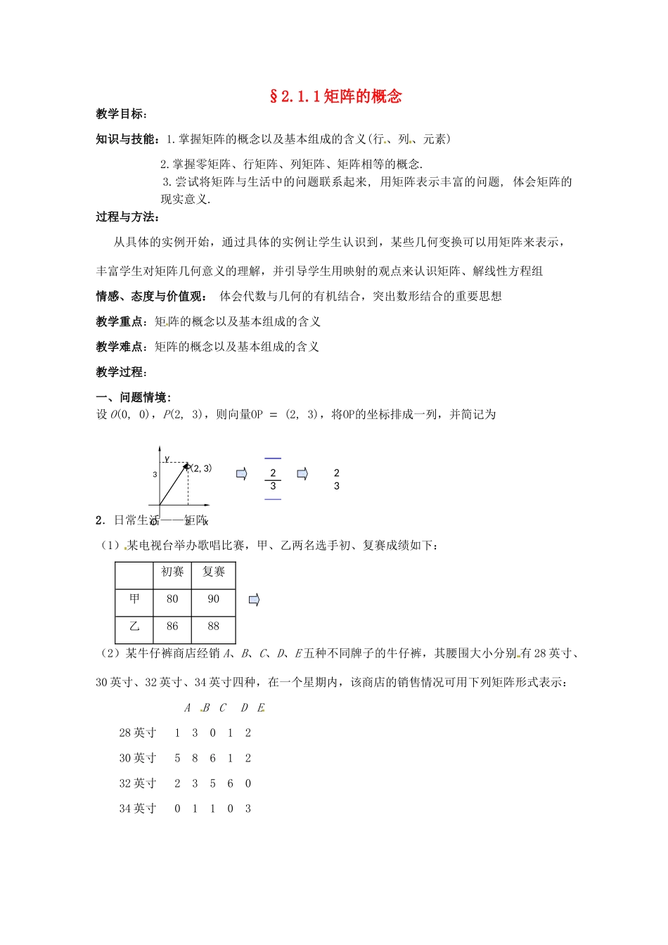 高中数学 2.1.1《矩阵的概念》教学案 苏教版选修4-2_第1页