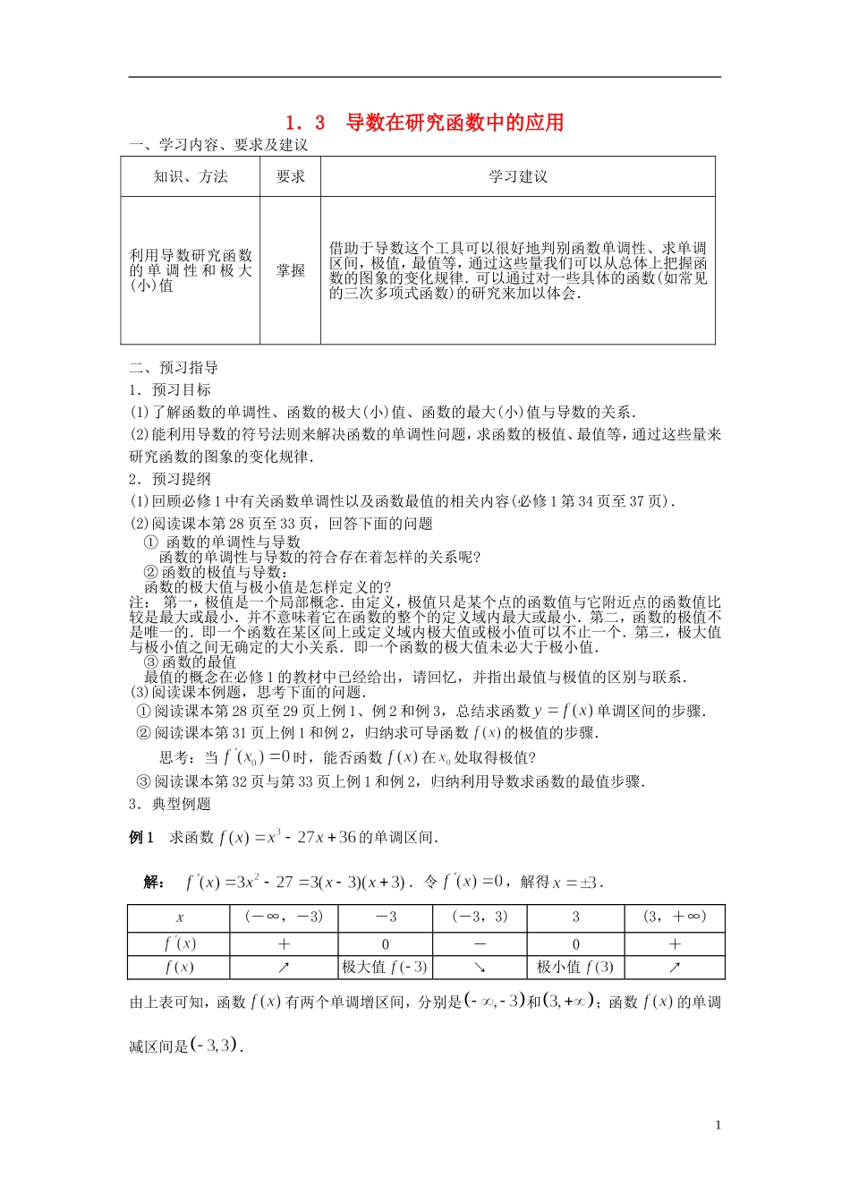 高中数学 1.3导数在研究函数中的应用学案 苏教版选修2-2-苏教版高二选修2-2数学学案_第1页