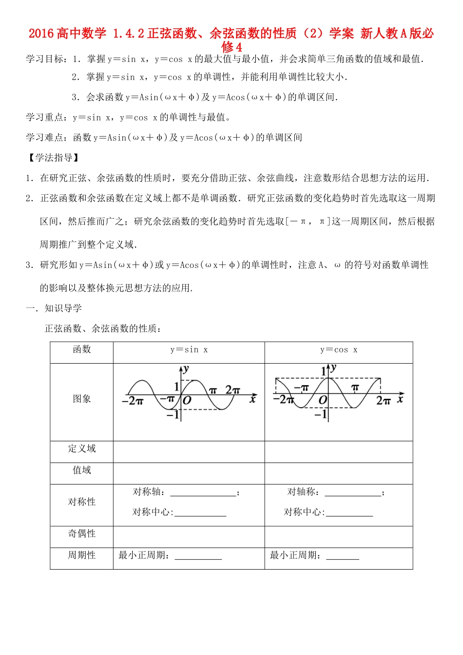 高中数学 1.4.2正弦函数、余弦函数的性质（2）学案 新人教A版必修4-新人教A版高一必修4数学学案_第1页