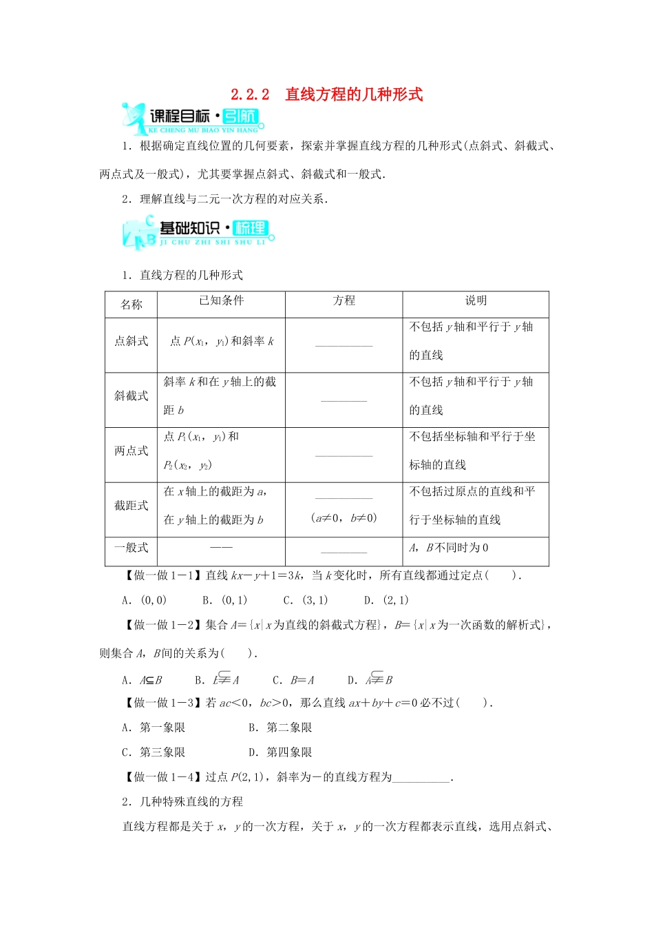高中数学 2.2 直线的方程 2.2.2 直线方程的几种形式学案 新人教B版必修2-新人教B版高一必修2数学学案_第1页