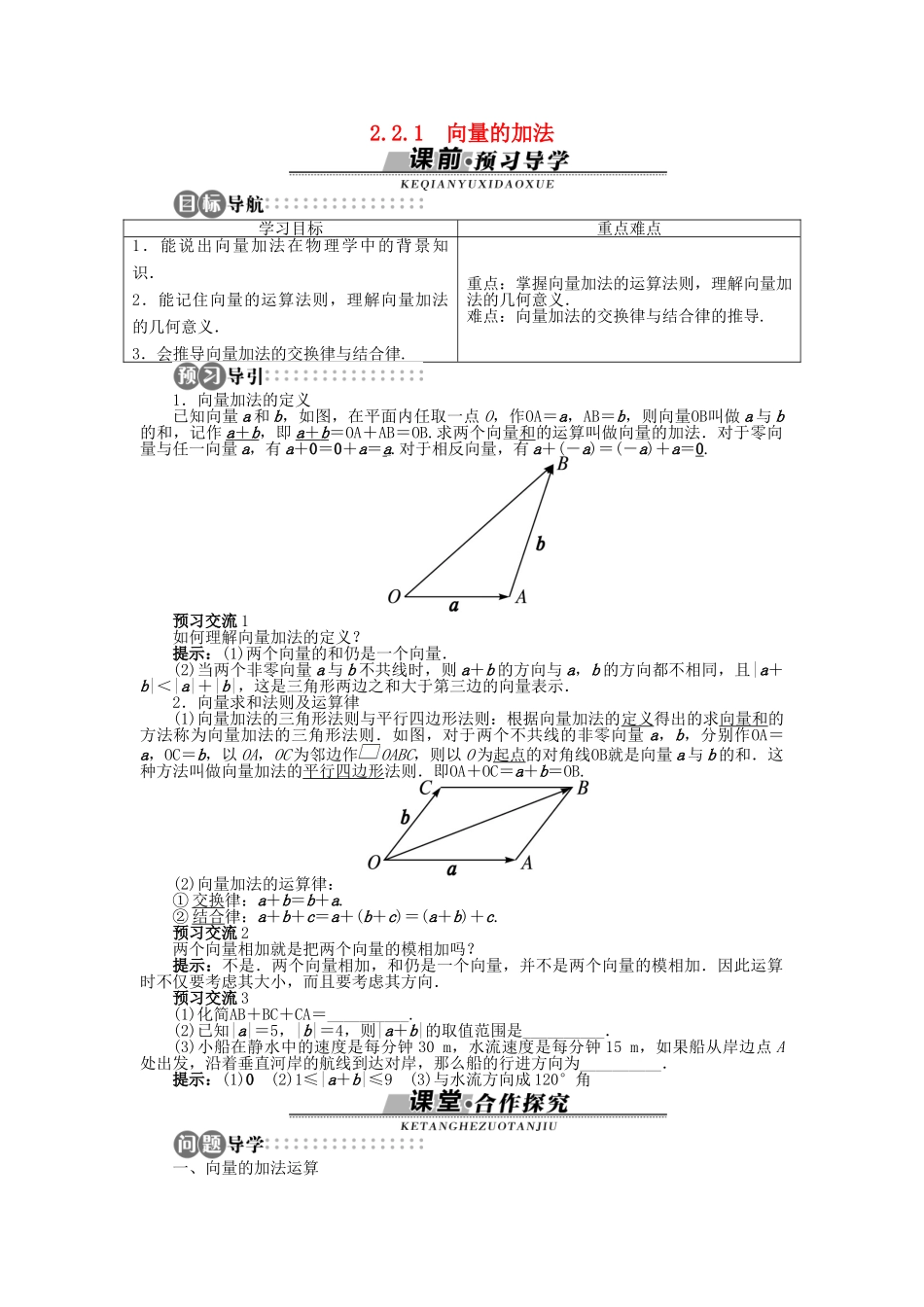 高中数学 2.2.1 向量的加法导学案 苏教版必修4-苏教版高一必修4数学学案_第1页