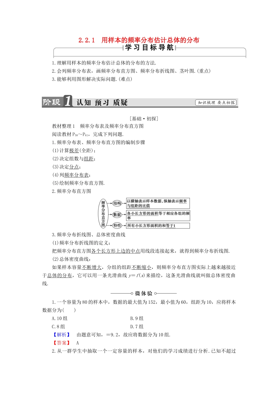 高中数学 2.2.1 用样本的频率分布估计总体的分布学案 新人教B版必修3-新人教B版高中必修3数学学案_第1页