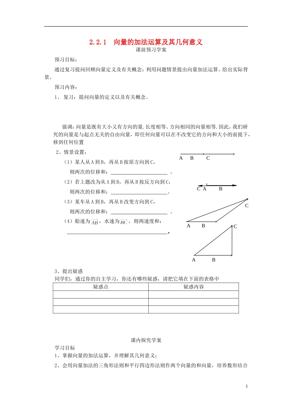 高中数学 2.2.1向量的加法运算及其几何意义导学案 新人教版必修4-新人教版高二必修4数学学案_第1页