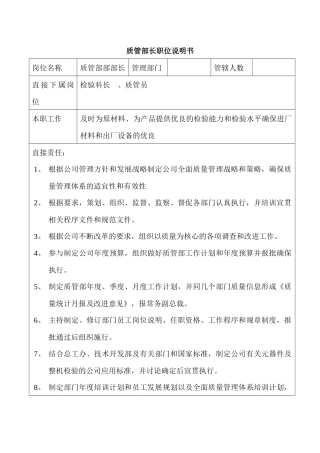 某企业质管部长职位说明书