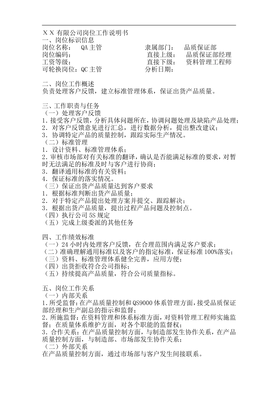 QA主管岗位工作说明书_第1页