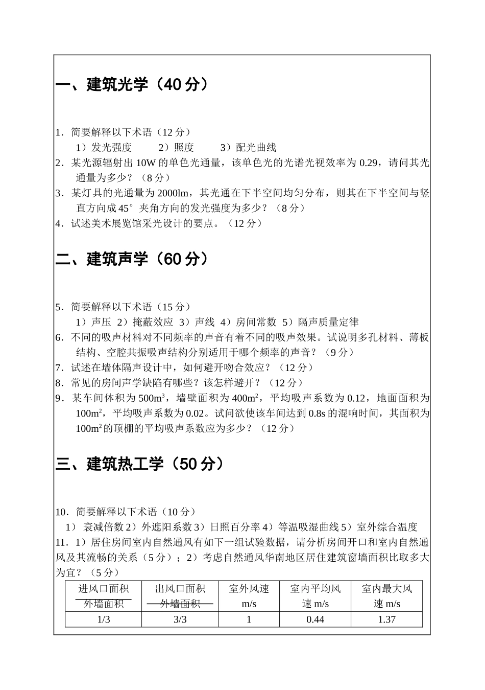 华南理工大学2025年研究生入学考试建筑物理试卷_第1页