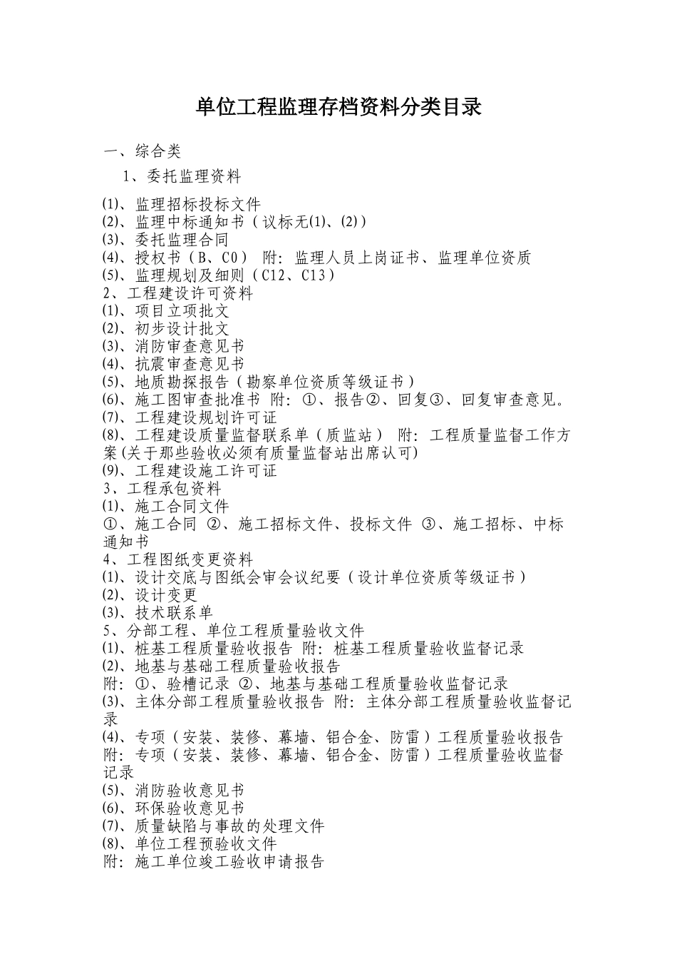 单位工程监理存档资料分类目录_第1页