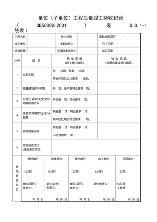 单位工程质量竣工验收记录