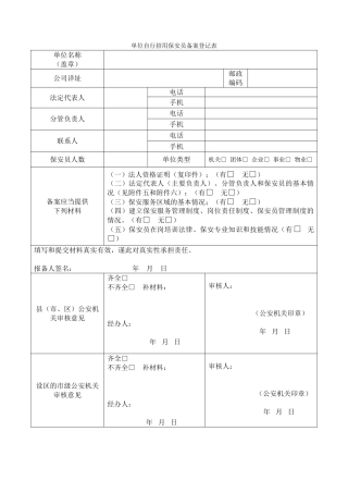 单位自行招用保安员备案登记表