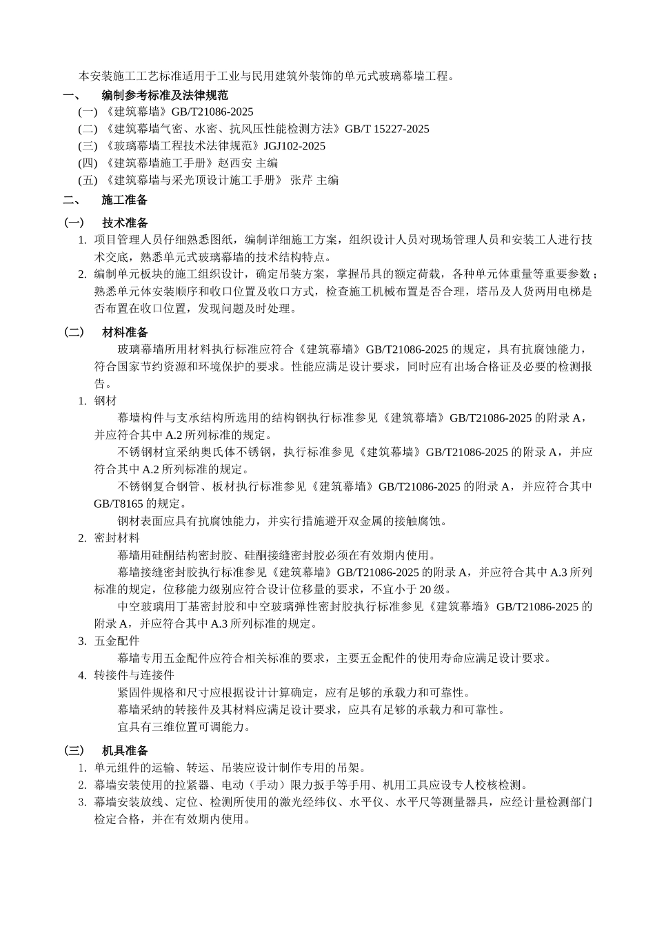 单元式玻璃幕墙工程施工工艺——企业标准_第1页